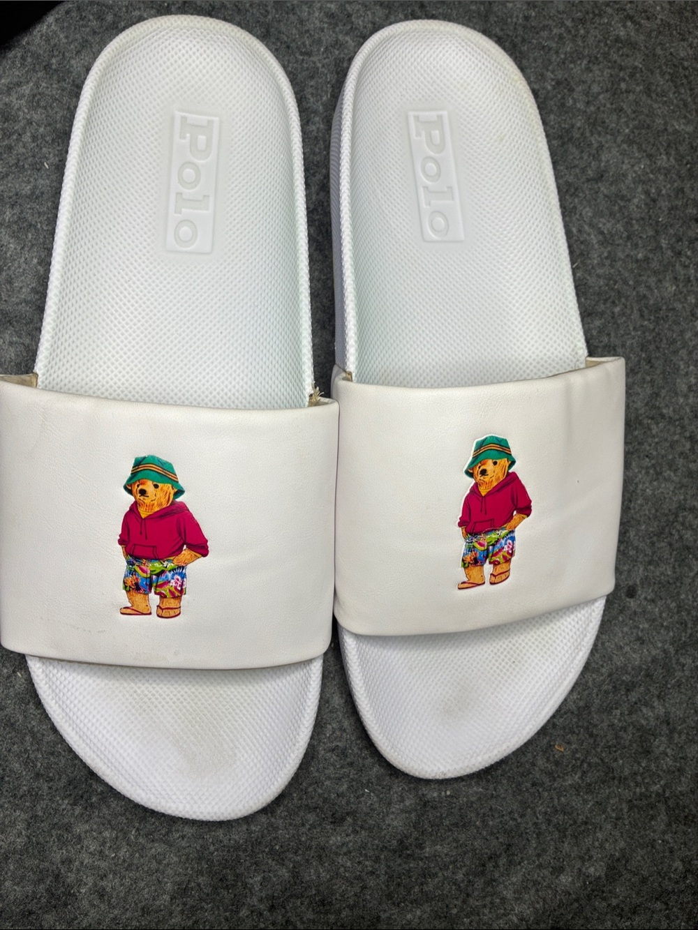 Polo by Ralph Lauren mens White Slide Sandals with Bear Graphic